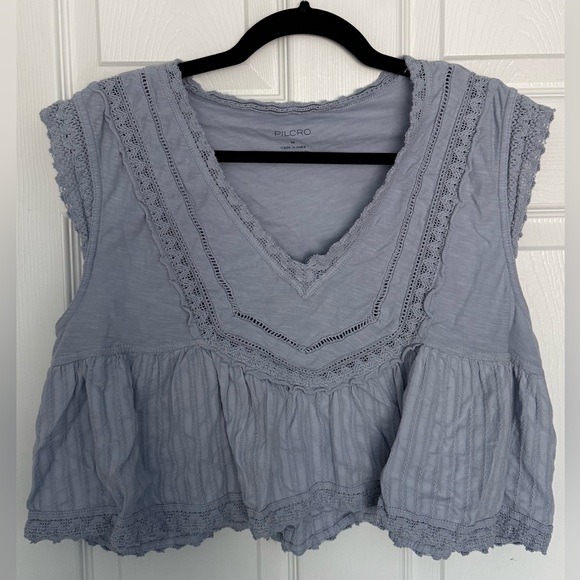 Anthropologie Pilcro Light Blue Lace Trim Top - Picture 2 of 5